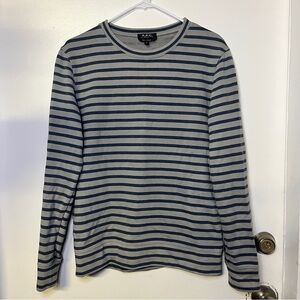 A.P.C. Designer Men's Gray and Navy Striped Long Sleeve Tee Portugal 100% Cotton